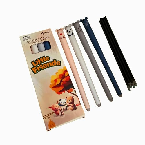 Eifelblick© das Original, radierbarer Gelstift Little Friends, Thermotinte, vier verschiedene & niedliche Tiergesichter, Kinderstifte zum Lernen, erasable pen, Kugelschreiber für den Schulbedarf