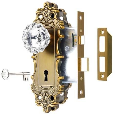 ToPToToo Mortise Lock Set for Interior Door，Vintage Brass Door Knobs with Lock and Skeleton Key, Antique Door Handle Lock Replacement for Interior Doors