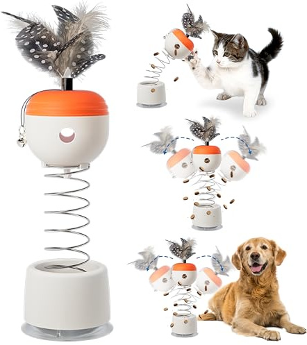 PANTIDE Pet Food Leaking Toys - Interactive Cat Teaser Toys for Indoor Cats Small Dogs Treat Training Spring Dispenser with Bell Feather Plush Swinging Slow Snack Feeder for Puppy Kitten Adult Pet