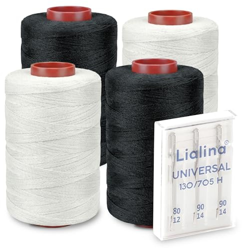 Lialina/sytrådsset inklusive symaskinsnålar/4 x 1 000 m vit och svart/100 % polyester/OEKO-TEX/tjocklek 120/slitstark sytråd för hushållssömmaskin