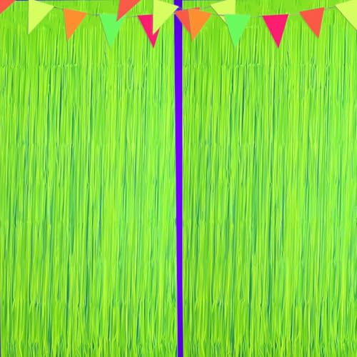 Neon-Party-Dekorationen, leuchtet im Dunkeln, fluoreszierendes grünes Lametta-Folie, Fransenvorhänge für Geburtstag, Disco, Schwarzlicht, Party-Luftschlangen, Fotoautomaten-Hintergrund, 2 Stück