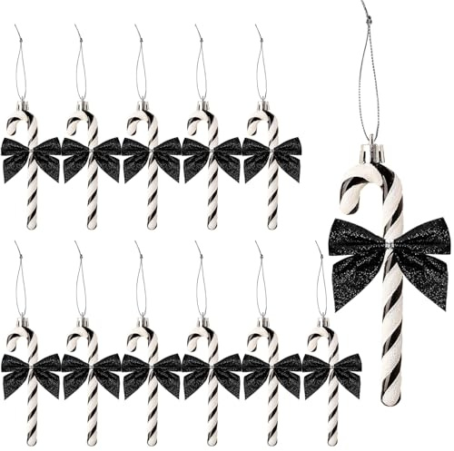 YIEUR 12 Stück Weihnachtsbaumschmuck Zuckerstangen Schleifen Weihnachten Anhänger mit Kordel Weihnachtsdeko Christbaumschmuck Ornaments Deko(schwarz)