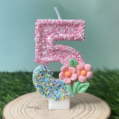 Ovanda Zahlenkerze 5 Geburtstag Kerze Blumendesign Tortendeko für Kindergeburtstag Mädchen Party Dekoration Farbintensiv Fein Verarbeitet Rosa Blume Kuchen Topper mit Pailletten