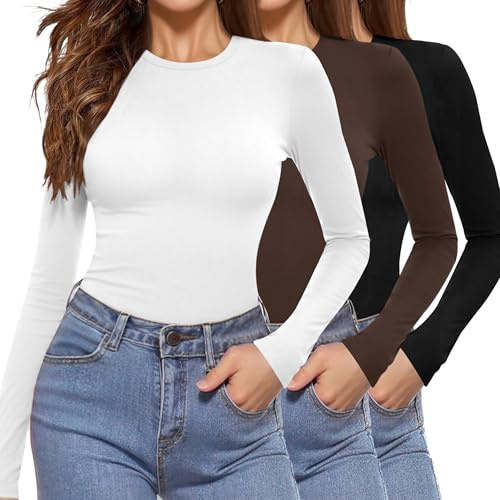 Aottori Confezione da 3 Maglia Termico Donna Maglietta Scollo Rotondo Manica Lunga Sottogiacca Aderente Invernale Basic Tops Elegante Nero+Bianco+Marrone L