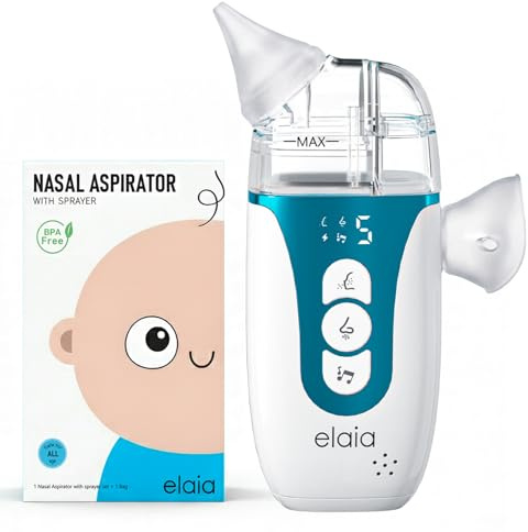 elaia 2-in-1 Electric Nasal Aspirator for Baby with Spray, Fine Mist, 5 Suction Levels up to 65kPa, BPA-Free Silicone, Quiet Nose Sucker, Portable Snot & Booger Sucker for Infants