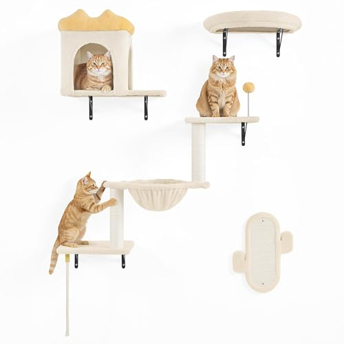 Abician Arbre à Chat, Étagères Murales pour Chat d'Intérieur avec Niches Paniers Griffoirs en Sisal Jouet, Stable pour Les Chats Pesant Jusqu'à 10 KG, Beige