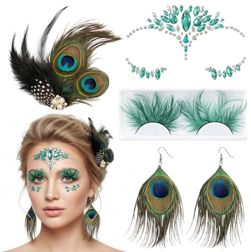 DvBCNMe 4 Stück Pfau Kostüm Damen, Kostüm Pfaus Damen Mit Feder Ohrringe, Pfau Kopfschmuck, Glitzersteine Gesicht, Falsche Wimpern, Elegante Pfaus Accessoires Für Karneval Cosplay, Mottoparty