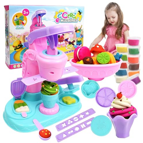 Tmefoy Knete Eismaschine, Knetwerkzeug Kinder mit 24 Knetmasse, Kinderknete Spielzeug ab 3 4 5 6 Jahre, Knete Spielzeug Set, Spielzeugs Geschenk Mädchen & Junge 3-8 Jahre