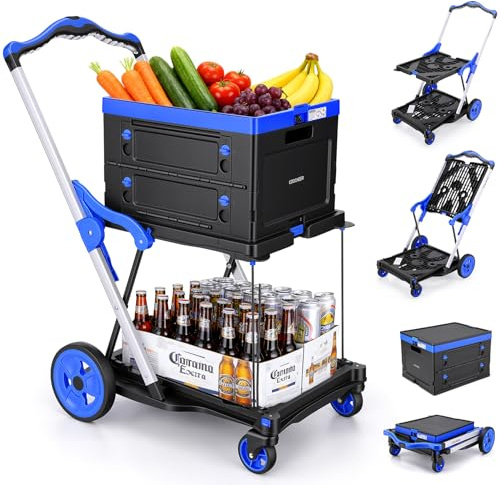 COOCHEER Carrito de la Compra Plegable de 90 kg, 2 Niveles, con Cesta Plegable, Plegable en 3 Segundos, asa Ajustable en Altura para supermercado, hogar, almacén y Viajes