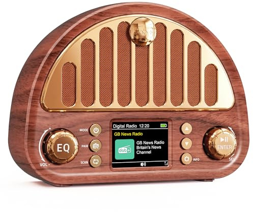 Roxicosly Vintage DAB+/FM Digital Radio with Bluetooth, Retro Portable Radio with 3000mAh Rechargeable Battery, 80 Presets, Dual Alarm Clock,Timer, AUX/Micro SD Card Playback, EQ, Headphone Jack