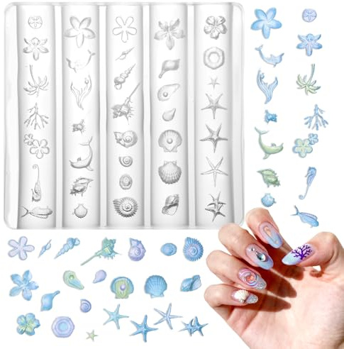 Bafutayawa 3D Gel Nail Art Mold para Diseño de Uñas, Set de Uñas Verano Mar & Conchas Accesorios DIY, Alternativa a Plantillas de Estampado, Flexible & Transparente