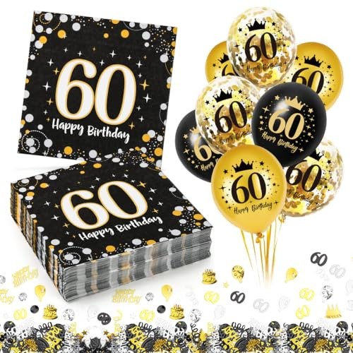 Servietten 60. Geburtstag Mann Frau, 30 Stück Deko 60 Geburtstags Servietten+ 18 Stück Luftballons Konfetti Set, Deko 60. Geburtstag Junge Serviette, Geburtstagdeko 25 Serviette, Geburtstagsservietten