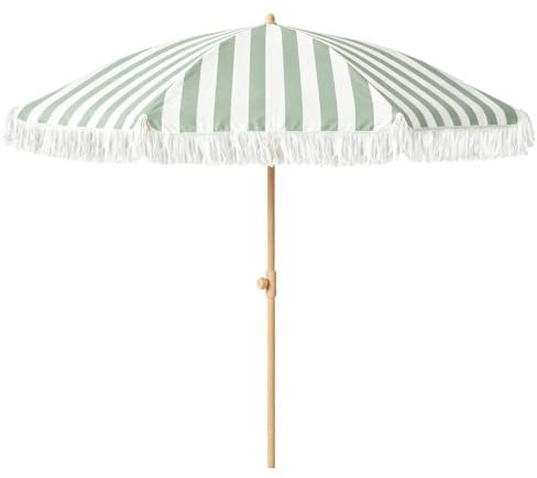 Générique Parasol de Plage Bohème À Rayures de 180 cm avec Franges, Parasol de Jardin Inclinable avec Mât À Hauteur Réglable pour Piscine, Jardin, Terrasse(Green stripe)