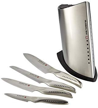 Global SAI SAI-5001 - Set di 5 coltelli in acciaio inox giapponese leggero, lama affilata a rasoio, lama martellata a mano, poggia pollice, prodotto in Giappone