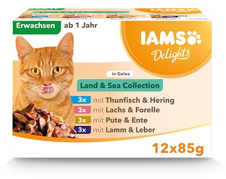 Iams Delights Land & Sea Collection Katzenfutter Nass - Multipack mit Fleisch und Fisch Sorten in Gelee, Nassfutter für Katzen ab 1 Jahr, 12 x 85 g