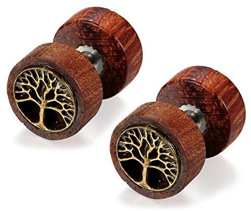 Flongo Herren Holz Ohrstecker Edelstahl 10mm Baum des Lebens Tree of Life Gestüt Stecker natürlich Illusion Buchenholz Stud Ohrringe Fake Plug Tunnel Piercing Ohrschmuck Braun Bronze männer Damen