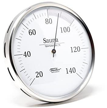 Fischer 197.01, Sauna-Thermometer, Glas, Edelstahl | Sauna-Bimetall-Thermometer, Messbereich 0-120 °C, 130mm Durchmesser, Made in Germany