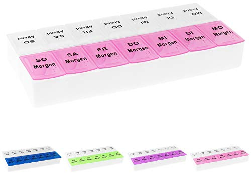 WELLGRO Tablettenbox für 7 Tage, je 2 Fächer pro Tag, 4 Farben zur Auswahl, Farbe:Rosa