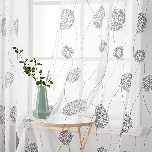 MIULEE Vorhänge Florale Stickerei Grau, Gardinen Weiß 2er Set 140x225cm | Transparent Voile Blumen Muster Vorhänge Durchsichtig mit Ösen, Leichte Dekorative Gardinen für Wohnzimmer Schlafzimmer