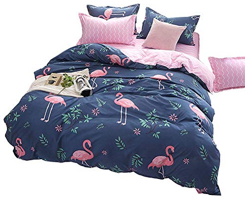 Loussiesd Kinder Betten Set Rosa Flamingo Bettwäsche Set Weiche Microfaser Reversible Blau und Rosa Blumen Flamingo Bettbezug mit 1 Kissenbezug 2 teilig 135x200 cm + 80x80 cm Jungen Mädchen