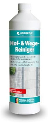 HOTREGA Hof- & Wege-Reiniger Konzentrat 1 L | Steinreiniger für Außen | Beseitigt Beläge auf Beton, Pflaster & Terrasse | Bis 200 m² Reichweite | Ohne Abspülen | Mit Gießkanne oder Sprüher