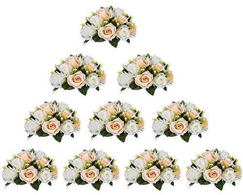 Pcs of 10 Fake Flower Ball Arrangement Bouquet,15 Heads Plastic Roses with Base, Suitable for Our Store's Wedding Centerpiece Flower Rack for Parties Valentine's Day Home Décor (Champagne & White)