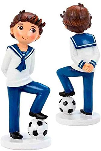 Figura de Tarta Comunión, niño Marinero con balón de fútbol. Muñeco para Pastel y Recuerdo de Primera Comunión