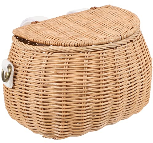Cabilock Kinder-Fahrradkorb, Korb, Korb, Korb, fein gewebter Rucksack mit Deckel, Schultergurt, Frontlenker, Rattan für Kinderlenker
