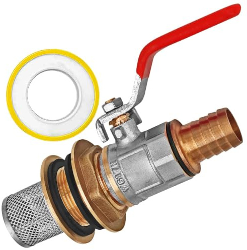 MegaHaustechnik Regentonnendurchführung Messing für 34mm LochØ AG 1“, Wandung max. 15mm, Dichtband, mit Kugelhahn mit Schlauchtülle AußenØ 13mm, Edelstahl Filterkorb, Fass Verschraubung Tank