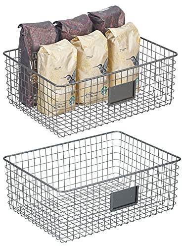 mDesign Allzweckkorb aus Metall – praktischer Aufbewahrungskorb mit Beschriftungsfeld für Küche, Vorratskammer etc. – kompakter und universeller Drahtkorb – 2er-Set – dunkelgrau