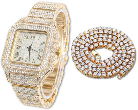Halukakah Diamant Golduhr Iced Out, Männer 18k Echtgold/Platin Weißgold Plattiert Quarz Armband 24cm Quadratisch Zifferblatt, mit Tennis-Ketten Halskette Armband-Set Optionen, Kommt mit Geschenkbox