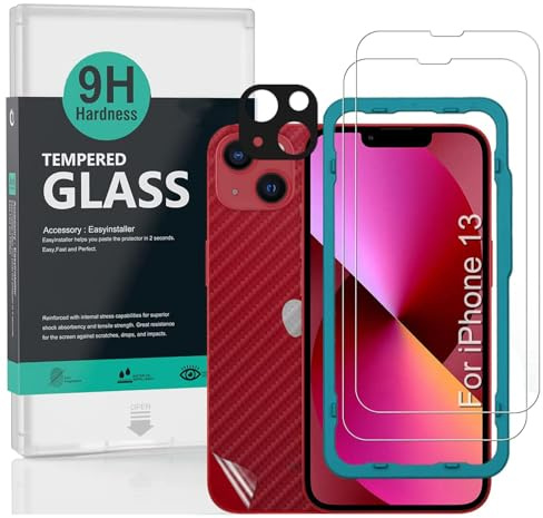 Ibywind Vetro Temperato per iPhone 13(6.1),[Confezione da 2] con Protezione Obiettivo Fotocamera(Nero),Skin in Stile Fibra di Carbonio per Il Retro,Include Kit di Installazione Facilitata