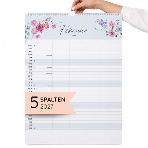 heaven+paper Familienkalender 2027 5 Spalten Blumen Kalender 2027 groß A3 | Familienplaner 2027 mit Feiertagen, Schulferien, KW, Mondphasen - Wandplaner 2027 für 4 bis 5 Personen, made in Germany
