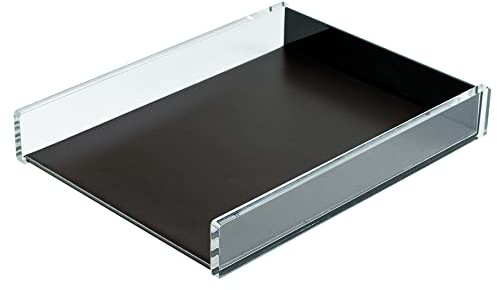 DELMON VARONE - Premium Briefablage DIN A4 aus Acryl transparent und Leder braun - Schreibtisch Organizer als Ablage für Dokumente, Briefe & Akten - Eleganter Briefablagekorb in Echtleder für Büro