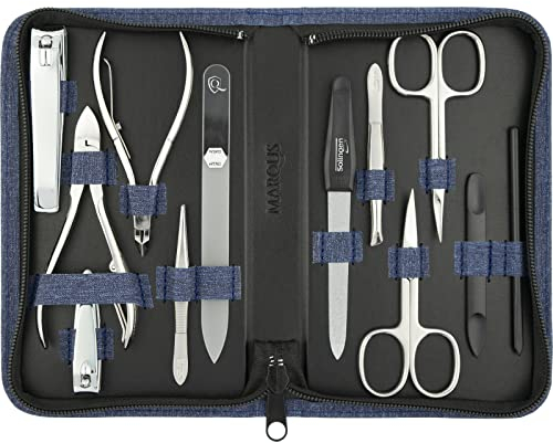 marQus Solingen Maniküre Set - 12 Teile in Kunstleder Etui handlich und weich - Komplett Kit mit allem für die Hand- und Fußpflege, Nagelset Jeans