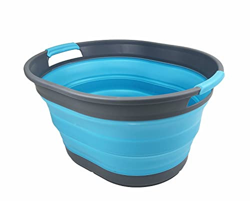 SAMMART Wäschekorb aus Kunststoff, zusammenklappbar, 23 l, ovale Wanne/Korb – faltbarer Aufbewahrungsbehälter/Organizer – tragbare Waschwanne – platzsparender Wäschekorb (1, Grau/Meerblau)