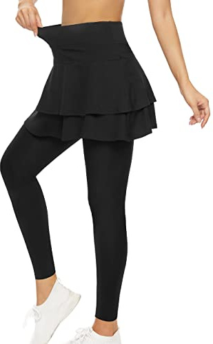 WOWENY Legging Femme Tennis Longue Pantalon Jogging Golf Sport Course à Pied Skapri avec Poche Skort Jupe avec Pantalons 2 en 1