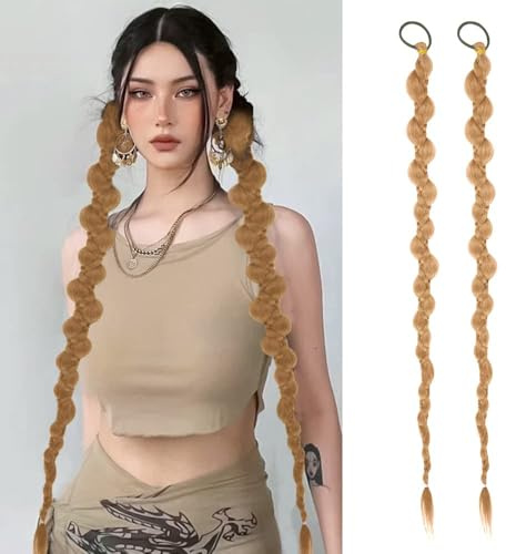 QKEPCY 2 Stück Pferdeschwanz Haarteil 70cm Lang als Natürliche Braids Haarverlängerung für Pferdeschwanz Extension und Wrap on Ponytail Styling (Goldblond)