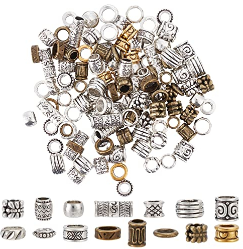 SUNNYCLUE 1 Box 150 Stück Dreadlocks Perlen Haarperlen Großes Loch Wikinger Nordische Bartperlen Flechten Afrikanische Haarperle Tibetischer Stil Europäische Röhrenperlen Für Die Schmuckherstellung