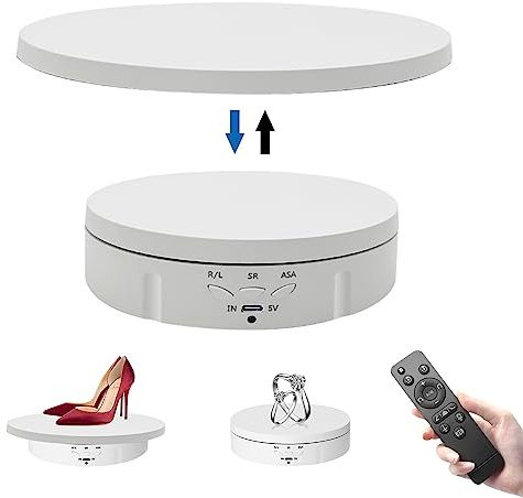 Drehteller Elektrisch, Elektrischer 360 Grad Drehteller mit Fernbedienung für Fotografie, Automatische Drehplattform, Drehständer zur Präsentation von Schmuck, Uhren, Digitalen Produkten (Weiß)