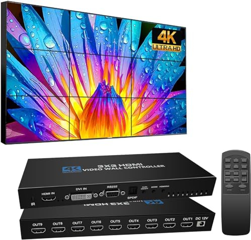 Video Wall Controller 3x3 4K videowand Controller 3x2 2x2 3x1 1x4 2x3 4x2 2x4 mit Fernbedienung für 9 Bildschirme Spleißunterstützung 180º Bilddrehung