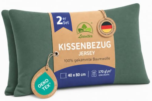 leevitex Kissenbezug 40 x 80 cm - 2er Set - 100% Baumwolle Jersey - Dunkelgrün | Öko-Tex Zertifiziert · mit verdecktem Reißverschluss · Kopfkissenbezug & Kissenhülle · 170 g/m² · Weich · Waschbar