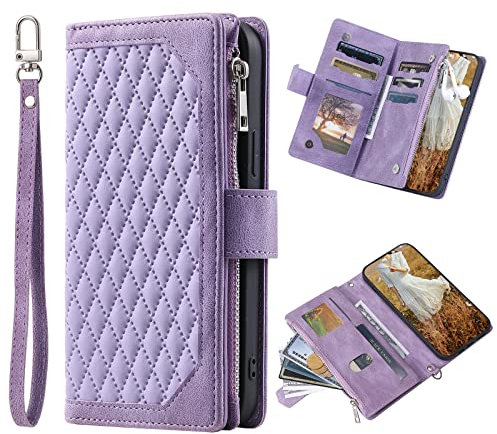 Wuhaizher Honor 90 Lite Phone Case Zipper Pocket Flip Shockproof Leather Folio Wallet Case with 6 Card Holder Slots Stand Silicone Bumper Zip Cover for Honor 90 Lite Case Girls Women, Purple