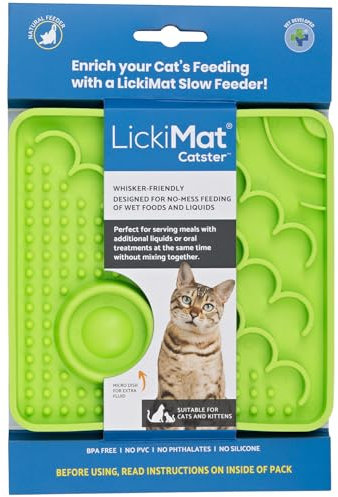 LickiMat Catster Cat Food Mat - Cat Slow Feeder with Micro Dish for Added Hydration - Perfect for Food, Treats, Yoghurt & Anxiety Relief for Cats - Fun Alternative to Slow Feeder Cat Bowl - Green