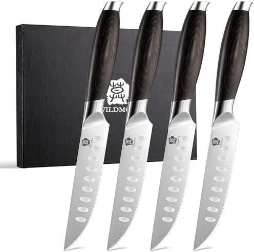 WILDMOK 12,7 cm Steakmesser-Set mit 4 Stück, ultrascharfes Steakmesser-Küchenmesser-Set, deutsches Steakmesser-Set aus Edelstahl mit schwarzem Pakkaholzgriff