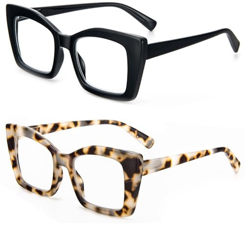 MMOWW Paquete de 2 gafas de lectura de gran tamaño para mujeres con montura cuadrada, estilo de moda, anti luz azul para mujeres y hombres +2.0
