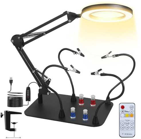 Helping Hands Soldering Station with 4 Flexible Magnetic Arms, Dimmable 10X Magnifying Light, 4 Clamping Columns, Desk Clamp and Remote Control, for Welding Repair Circuit Board
