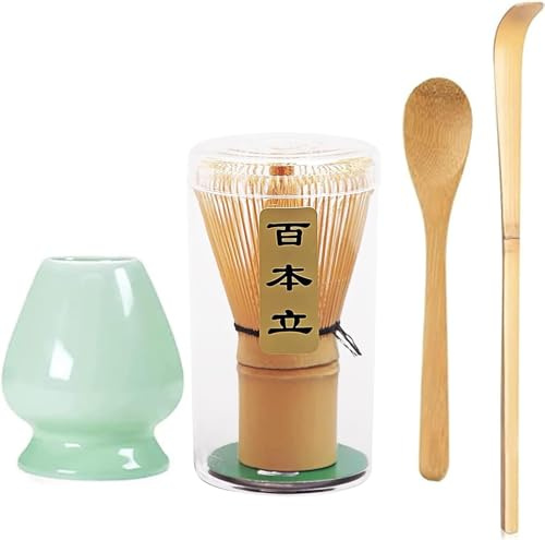 4 Pack Matcha Kit Handmade Matcha Ceremony Accessory Set, Japanese Matcha Tea Whisk Kit, Bamboo Matcha Whisk, Ceramic Whisk Holder, Scoop, Tea Spoon, Green