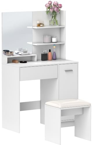 HOMCOM Ensemble Coiffeuse Table de Maquillage 80l x 40P x 132H cm Blanc