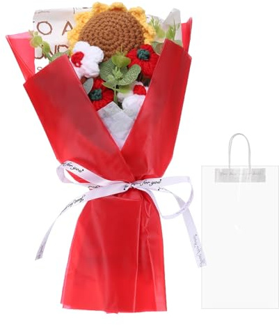 QUARKZMAN Mazzo Fiori Uncinetto Bouquet Girasoli Fatti a Mano Rosso | per Festa Mamma Compleanni Matrimoni Lauree, Bouquet Fiori Artificiali Uncinetto